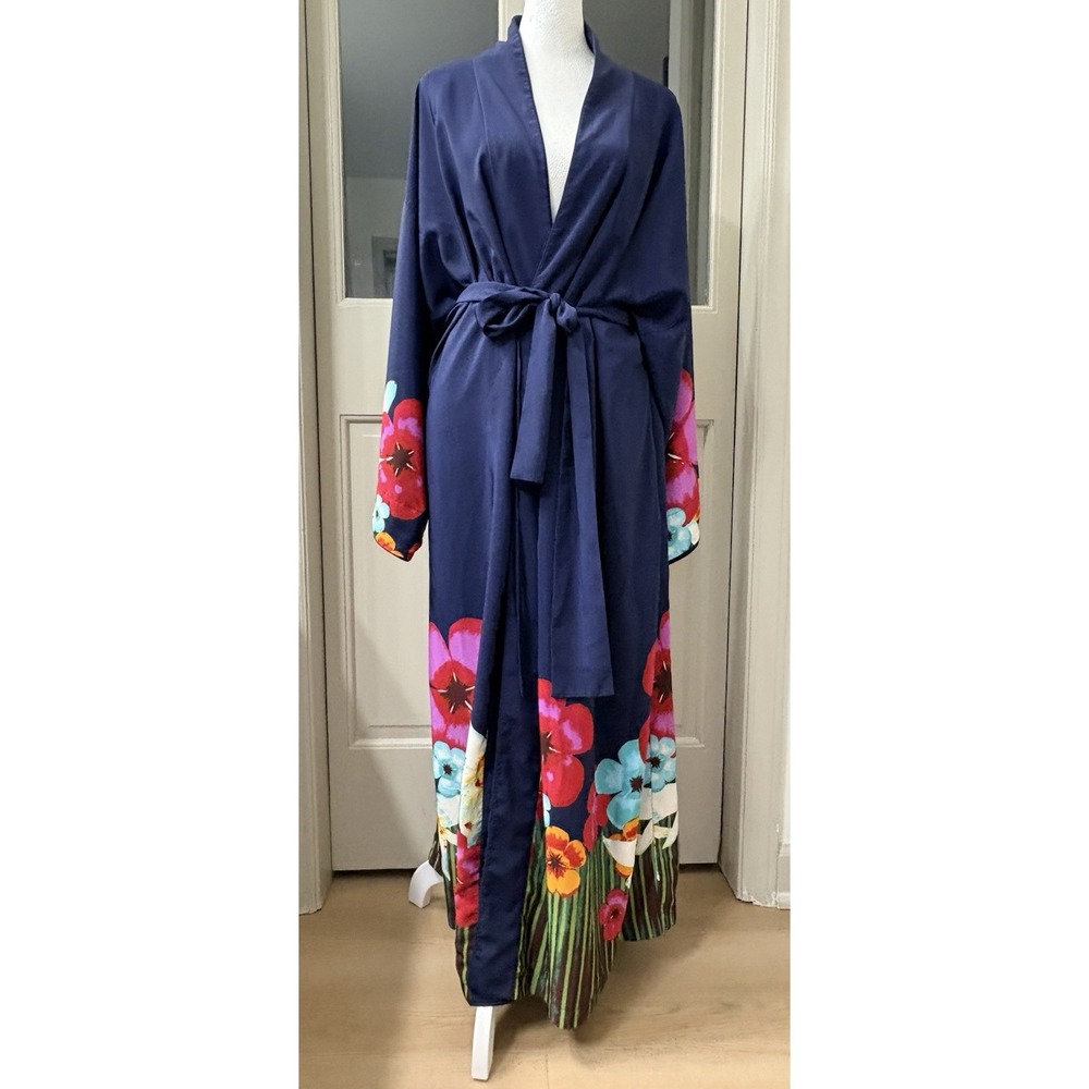 Natori Blue Floral Print Polyester Charmeuse Kimono Robe Large